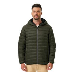 Men's Olive Puffer Hooded Jacket - Lightweight Quilted Coat